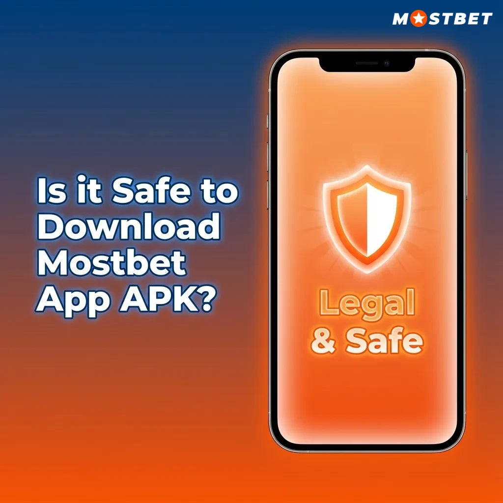 Illustration of a smartphone displaying the Mostbet app with security icons representing SSL encryption and licensed safe betting