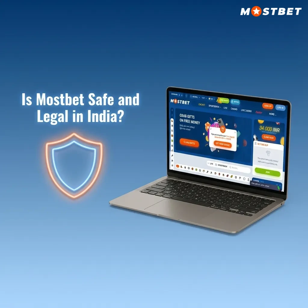 Illustration of Mostbet India showing Curacao license, SSL lock, privacy shield and responsible gambling icons