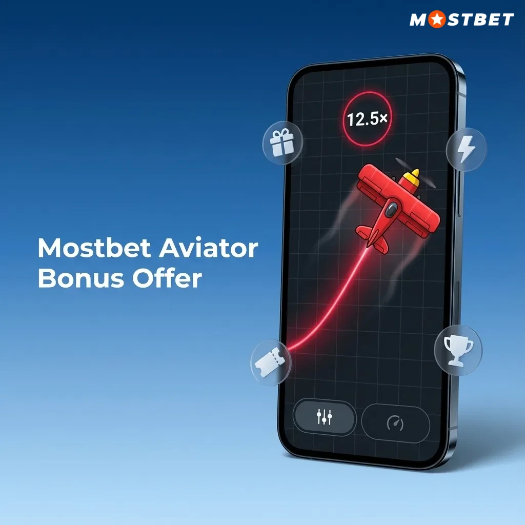 Banner for Mostbet Aviator: “125% welcome bonus up to 45,000 INR” with casino and airplane game elements