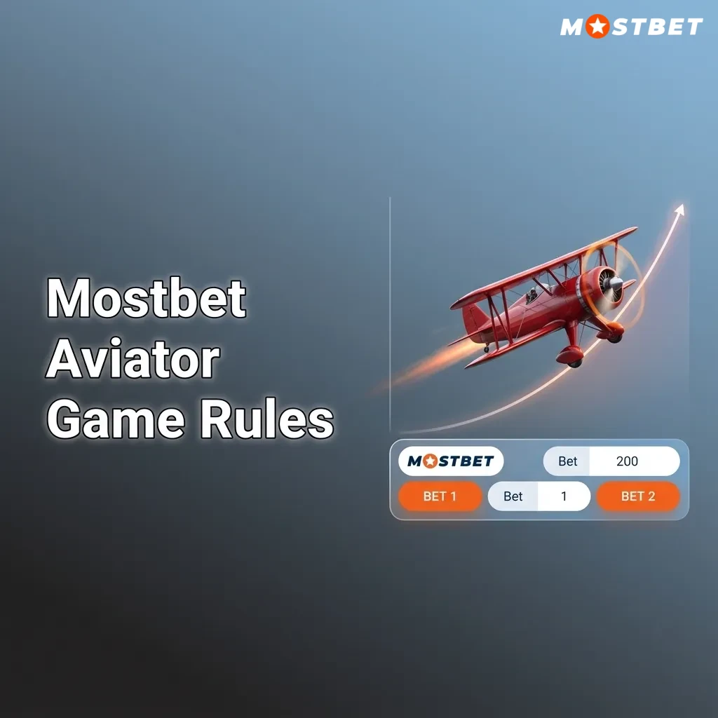 Illustrated Mostbet Aviator screen showing rising plane, increasing multiplier, cash out button, and rules list on the side