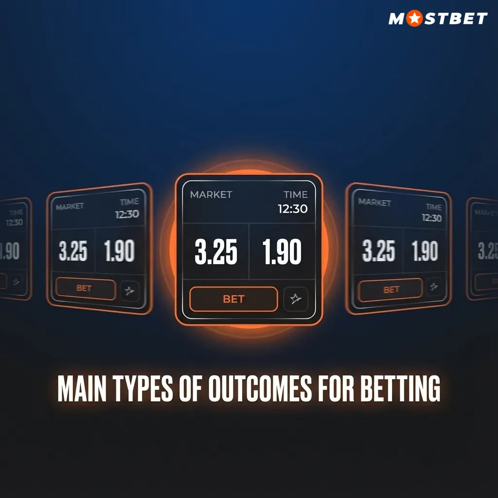 Infographic explaining betting outcome types: 1X2, double chance, totals, handicap spread, and both teams to score.
