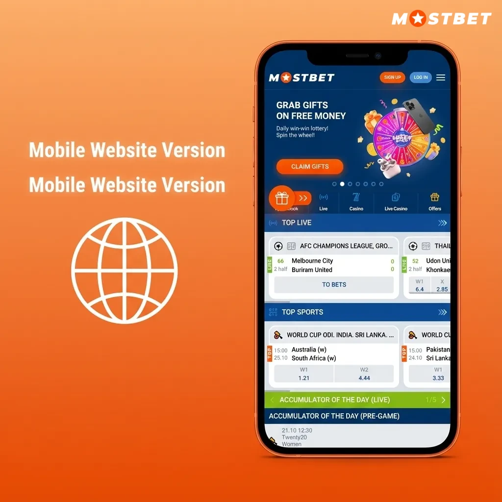 Smartphone showing Mostbet mobile website with responsive betting interface and casino tiles optimized for small screens